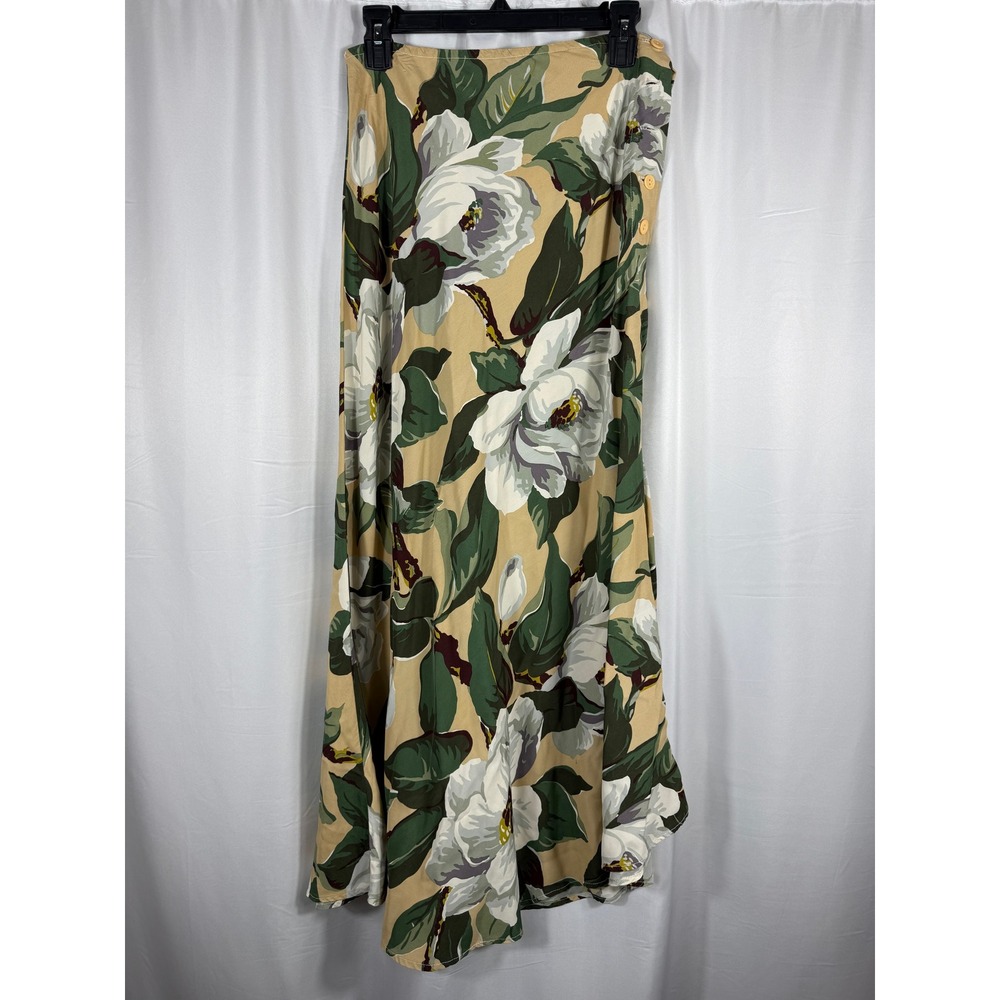 Heads Up Vintage Floral‎ Maxi Skirt Tan Green Magnolia Print Made in USA Large